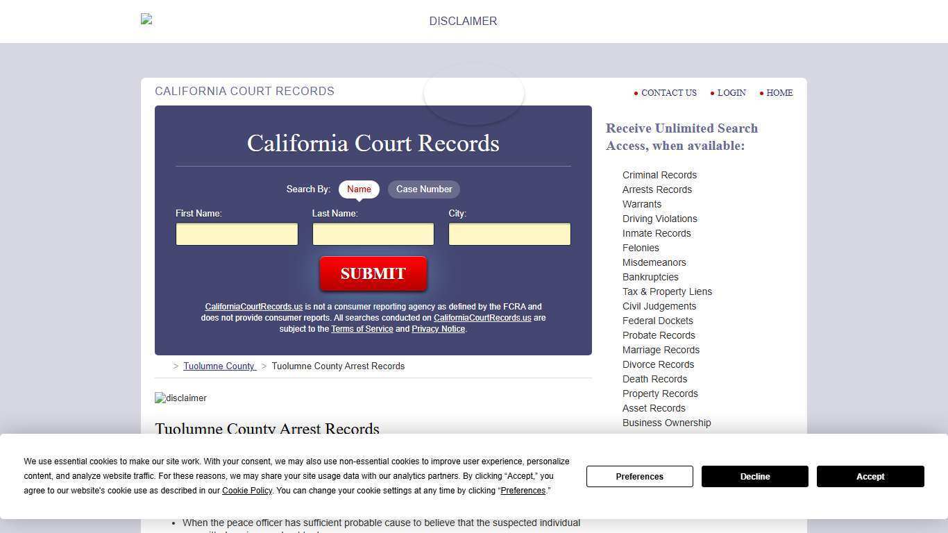 Tuolumne County Arrest Records | CaliforniaCourtRecords.us